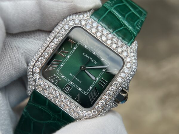 Santos de Cartier XL 40mm Green dial Lab diamonds VVS-Green leather band - Image 2