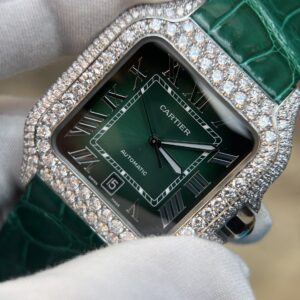 Santos de Cartier XL 40mm Green dial Lab diamonds VVS-Green leather band