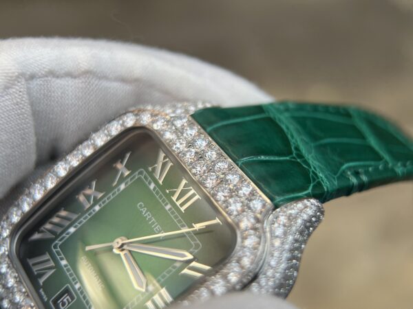 Santos de Cartier XL 40mm Green dial Lab diamonds VVS-Green leather band - Image 9